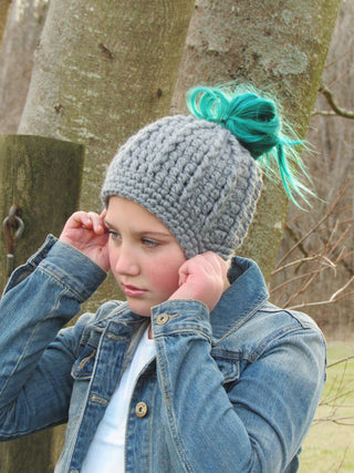 Slate gray messy bun ponytail beanie winter hat