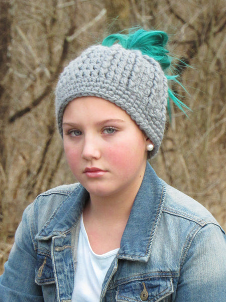 Slate gray messy bun ponytail beanie winter hat by Two Seaside Babes