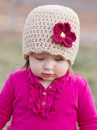 Light brown flapper beanie hat | 40 flower colors available