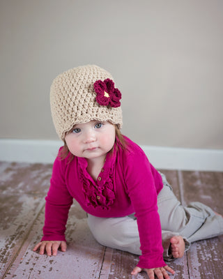 Light brown flapper beanie hat | 40 flower colors available