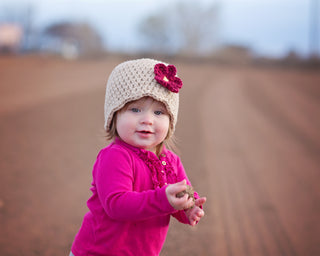 Light brown flapper beanie hat | 40 flower colors available