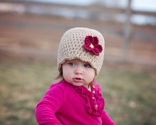 Light brown flapper beanie hat | 40 flower colors available