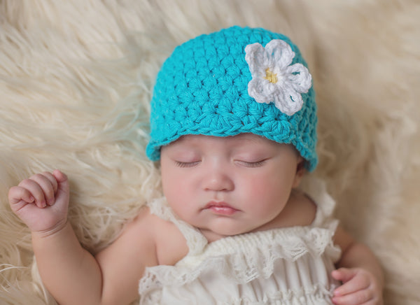 Turquoise blue flapper beanie hat | 34 flower colors available