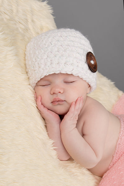 White sparkle button beanie baby hat