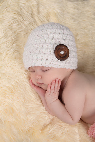 White sparkle button beanie baby hat