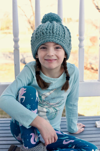 Seafoam pom beanie winter hat