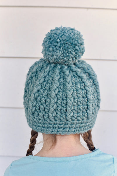 Seafoam pom beanie winter hat