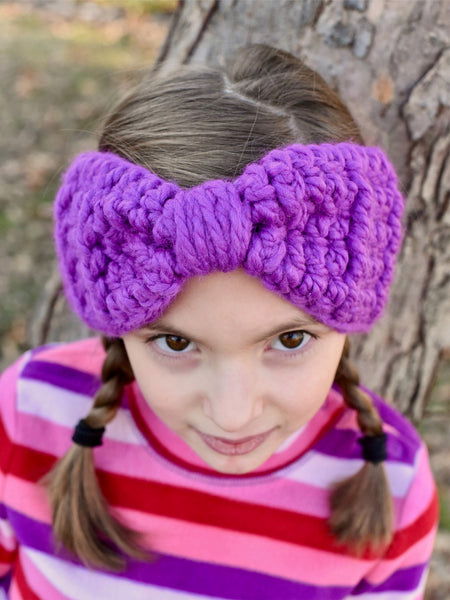 Purple orchid knotted bow ear warmer winter headband by Two Seaside Babes