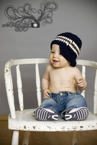  to 9 Month Navy Blue, Ecru, & Chocolate Brown Striped Visor Beanie