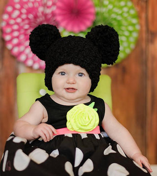 Black giant pom pom hat - newborn, baby, toddler, kid, & women's sizes