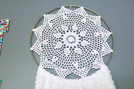 41" White Yarn Crochet Doily Dream Catcher