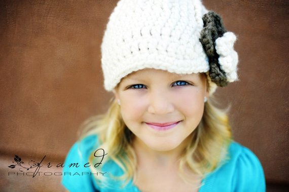 4T to Preteen Cream & Taupe | chunky crochet flower beanie, thick winter hat | baby, toddler, girl's, women's sizes