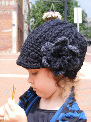 2T to 4T Black & Charcoal Gray | chunky crochet flower beanie, thick winter hat | baby, toddler, girl's, women's sizes by Two Seaside Babes