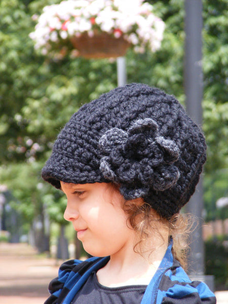 2T to 4T Black & Charcoal Gray | chunky crochet flower beanie, thick winter hat | baby, toddler, girl's, women's sizes by Two Seaside Babes