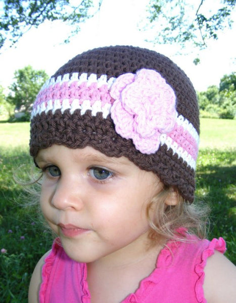 1T to 2T Brown, Cream, Pink, & Light Pink Striped Flapper Beanie