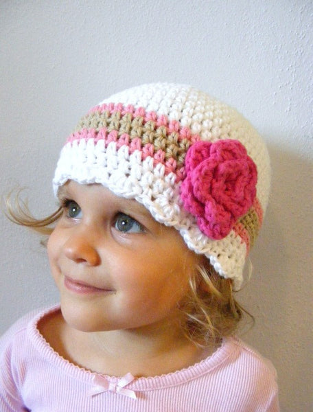 1T to 2T White, Pink, Tan, & Hot Pink Striped Flapper Beanie