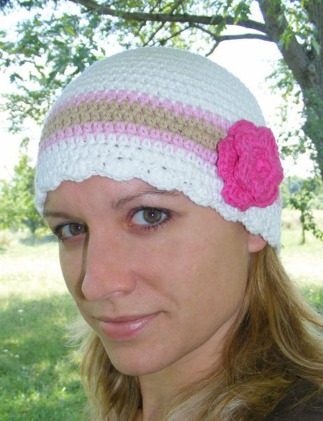 Adult White, Pink, Tan, & Hot Pink Striped Flapper Beanie