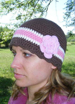 Adult Brown, Cream, Pink, & Light Pink Striped Flapper Beanie