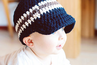 9 to 12 Month Navy Blue, Ecru, & Chocolate Brown Striped Visor Beanie