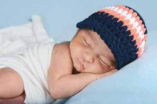 Newborn Navy Blue, Tangerine, & White Striped Visor Beanie