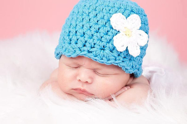 Bright blue flapper beanie hat | 34 flower colors available