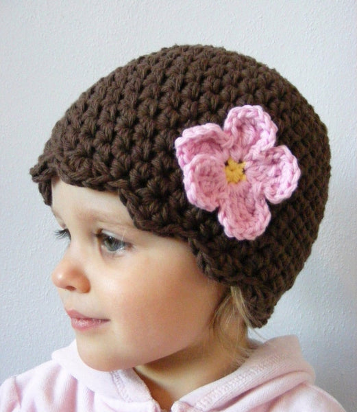 Chocolate brown flapper beanie hat | 34 flower colors available