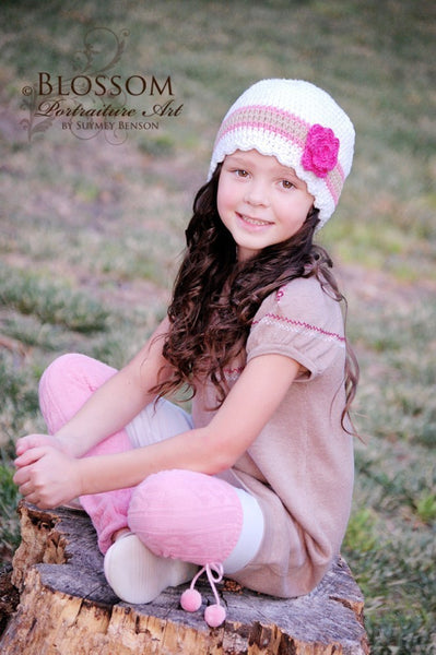 4T to Preteen White, Pink, Tan, & Hot Pink Striped Flapper Beanie