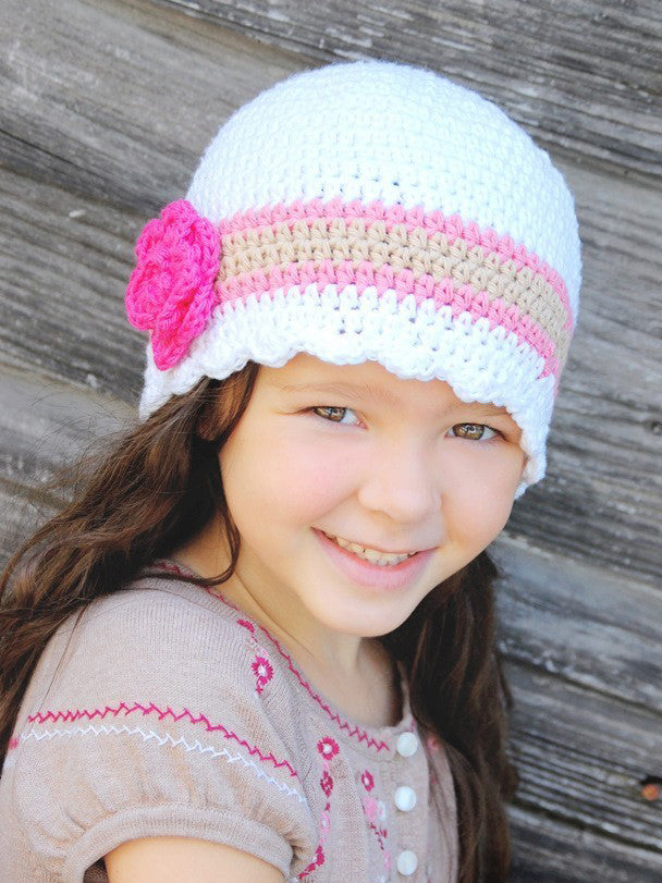4T to Preteen White, Pink, Tan, & Hot Pink Striped Flapper Beanie by Two Seaside Babes