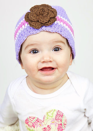 9 to 12 Month Lavender, White, Pink, & Brown Striped Flapper Beanie