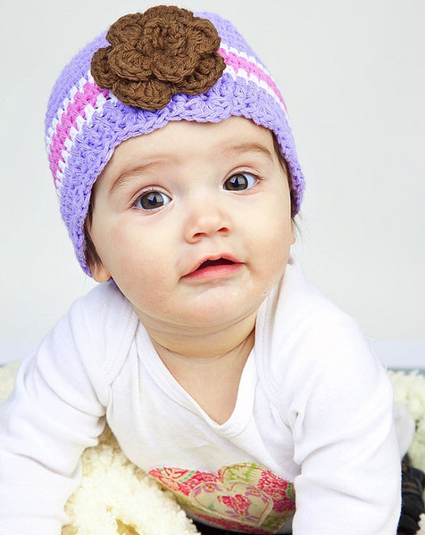 9 to 12 Month Lavender, White, Pink, & Brown Striped Flapper Beanie
