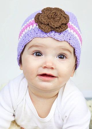 9 to 12 Month Lavender, White, Pink, & Brown Striped Flapper Beanie