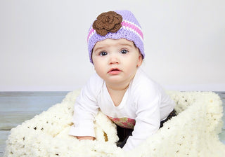 9 to 12 Month Lavender, White, Pink, & Brown Striped Flapper Beanie