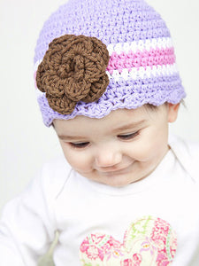 9 to 12 Month Lavender, White, Pink, & Brown Striped Flapper Beanie by Two Seaside Babes