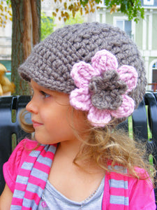 2T to 4T Taupe & Pink Blossom | chunky crochet flower beanie, thick winter hat | baby, toddler, girl's, women's sizes by Two Seaside Babes