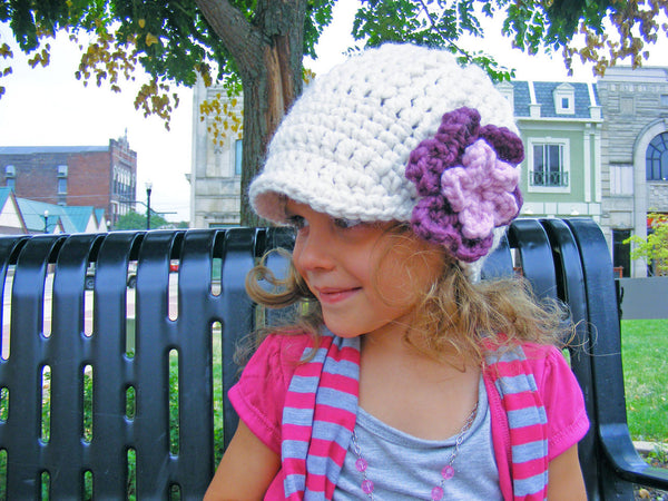 2T to 4T Cream, Purple Plum, & Pink Blossom | chunky crochet flower beanie, thick winter hat | baby, toddler, girl's, women's sizes