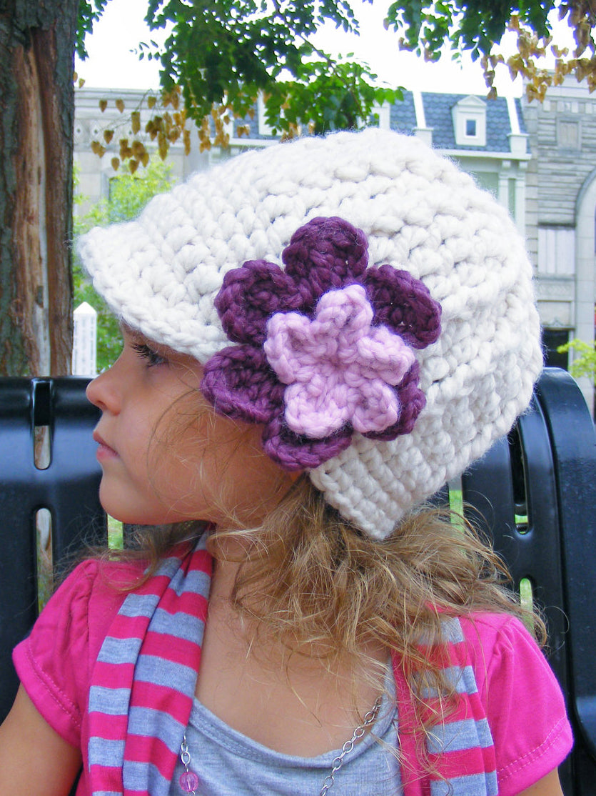 Cream, purple plum, bubblegum pink flower beanie winter hat