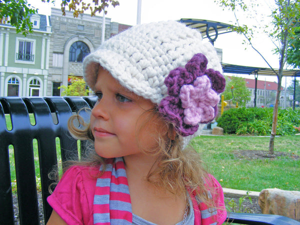 2T to 4T Cream, Purple Plum, & Pink Blossom | chunky crochet flower beanie, thick winter hat | baby, toddler, girl's, women's sizes
