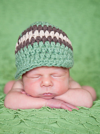 Newborn Olive Green, Chocolate Brown, & Khaki Striped Visor Beanie by Two Seaside Babes