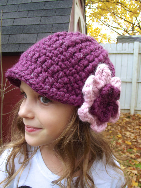 2T to 4T Purple Plum & Pink Blossom | chunky crochet flower beanie, thick winter hat | baby, toddler, girl's, women's sizes
