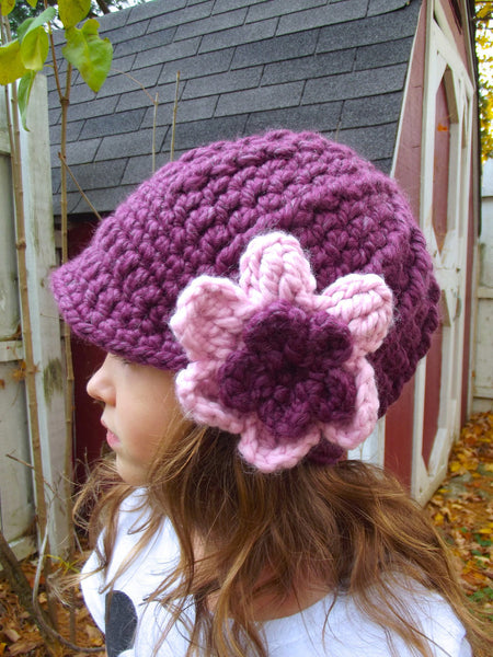 2T to 4T Purple Plum & Pink Blossom | chunky crochet flower beanie, thick winter hat | baby, toddler, girl's, women's sizes by Two Seaside Babes