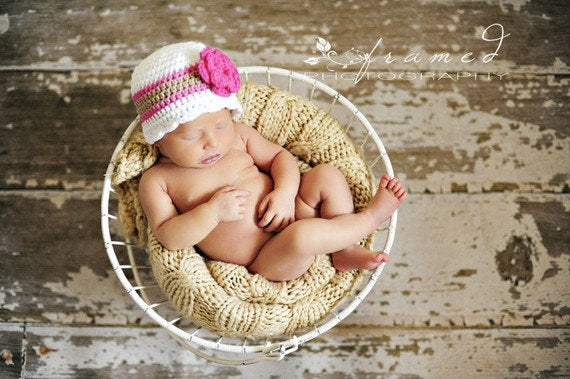 Newborn White, Pink, Tan, & Hot Pink Striped Flapper Beanie