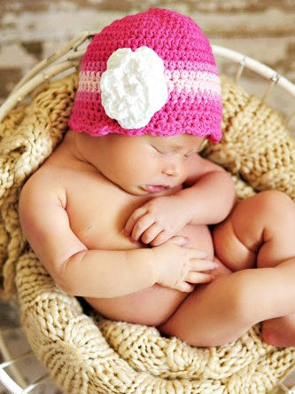 Newborn Hot Pink, Pink, Light Pink, & White Striped Flapper Beanie by Two Seaside Babes