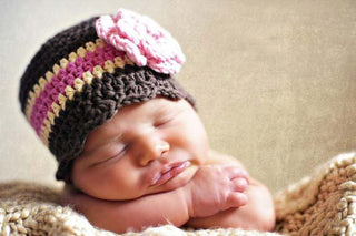 Newborn Brown, Cream, Pink, & Light Pink Striped Flapper Beanie