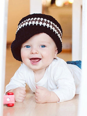 9 to 12 Month Navy Blue, Ecru, & Chocolate Brown Striped Visor Beanie by Two Seaside Babes