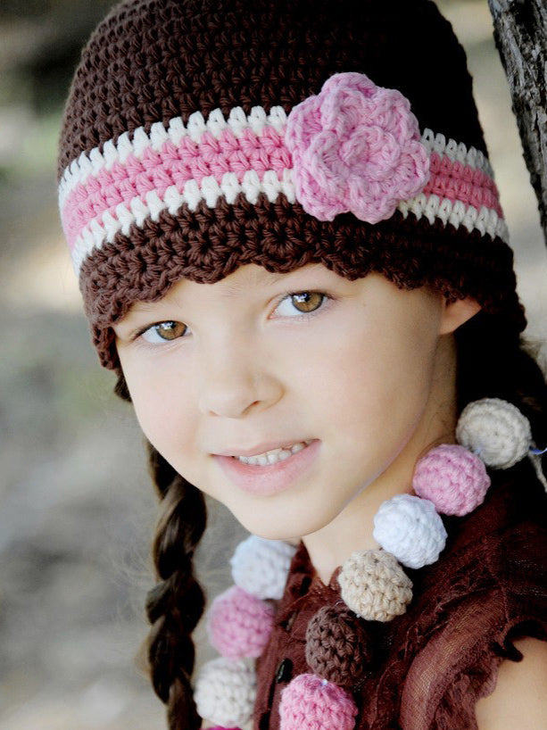 4T to Preteen Brown, Cream, Pink, & Light Pink Striped Flapper Beanie by Two Seaside Babes