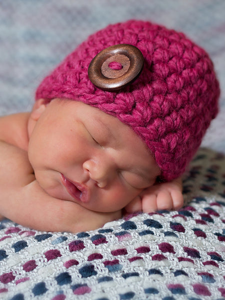 Raspberry pink button beanie baby hat by Two Seaside Babes