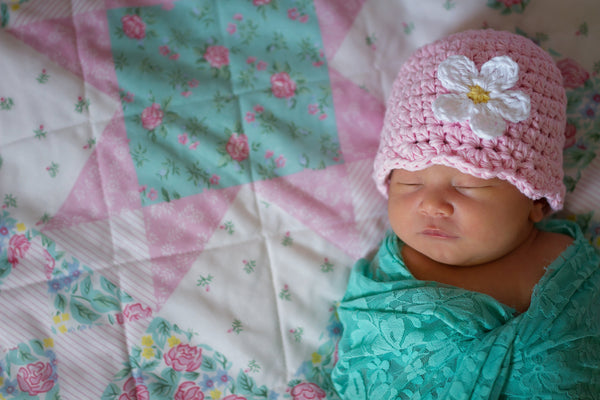 Pale pink flapper beanie hat | 34 flower colors available