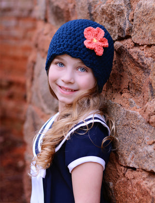 Navy blue flapper beanie hat | 40 flower colors available