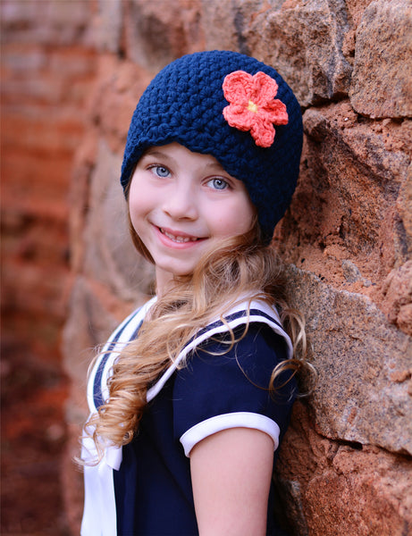 Navy blue flapper beanie hat | 34 flower colors available