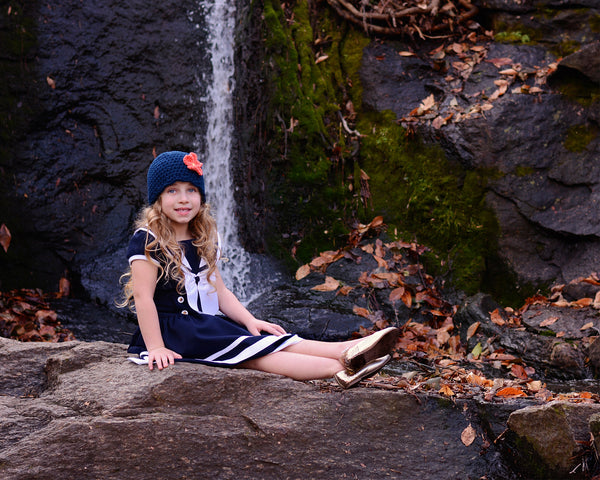 Navy blue flapper beanie hat | 34 flower colors available